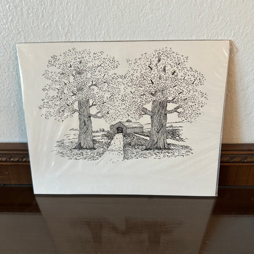 Vintage 1981 TJ Dioyoung Pen and Ink Drawing Covered Bridge Landscape 8x10 Art